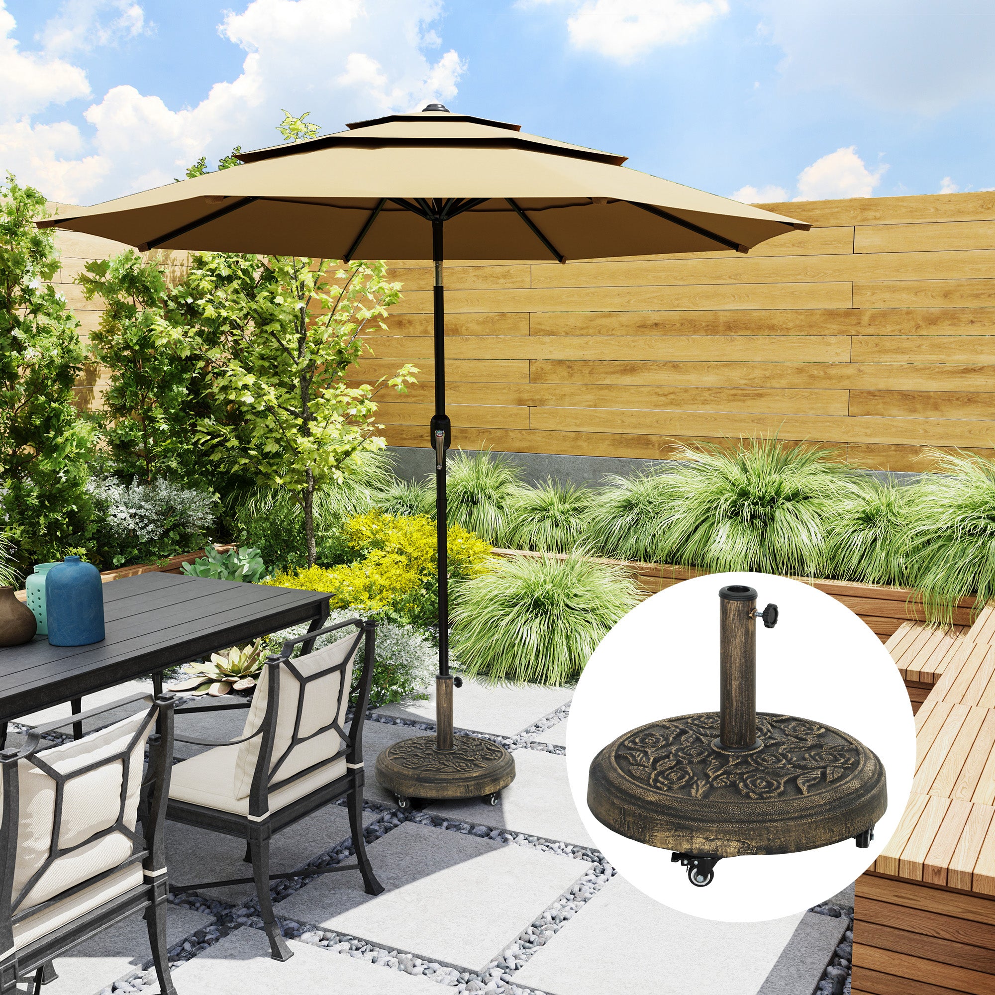 Outsunny Parasol Base, Umbrella Base with Wheels Cast Iron Effect, for Umbrella, Canopy, Weather Resistant, Bronze Tone 