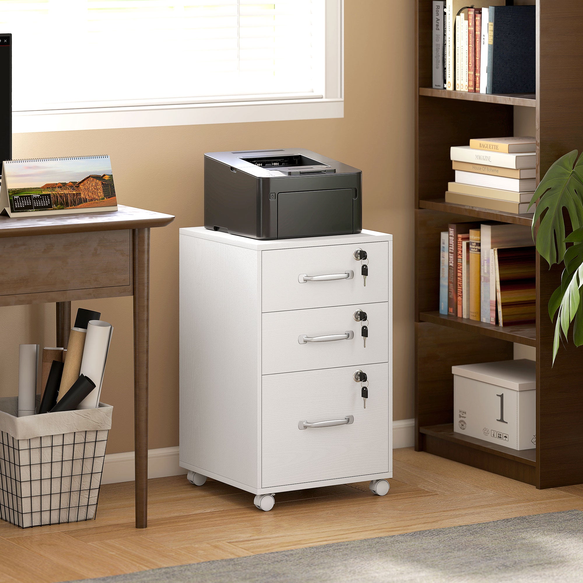 HOMCOM Three Drawer Wood-Effect Filing Cabinet - White 