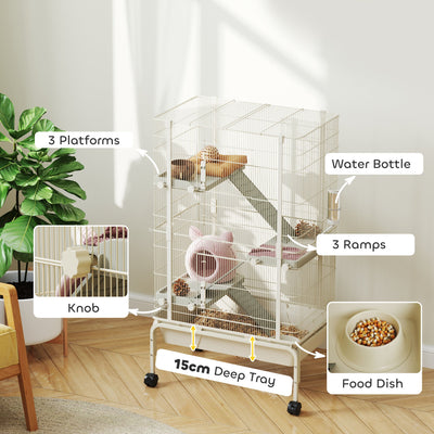 PawHut 4 Levels Rolling Small Animal Cage, Rabbit Cage with 3 Ramps, Water Bottle, Food Dish, 15cm Deep Tray, Beige 