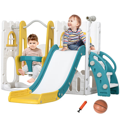AIYAPLAY 6-in-1 Swing and Slide Set, Kids Playground with Basketball Hoop, Telescope, Storage Space - Yellow 