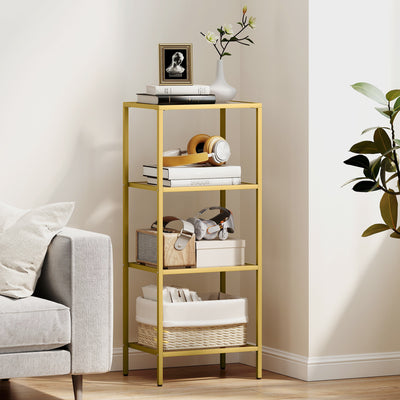 HOMCOM 4-Tier Shelving Unit, Glass Shelf, Vertical Storage Shelf for Living Room, Home Office, Bedroom, Bathroom, Gold Tone 