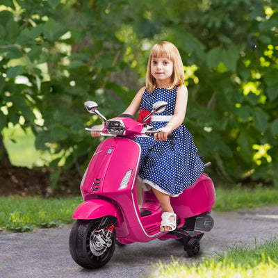 AIYAPLAY 12V Vespa Licensed Kids Electric Motorbike w/ Music, Headlights, FM Radio, for 3-6 Years - Pink 
