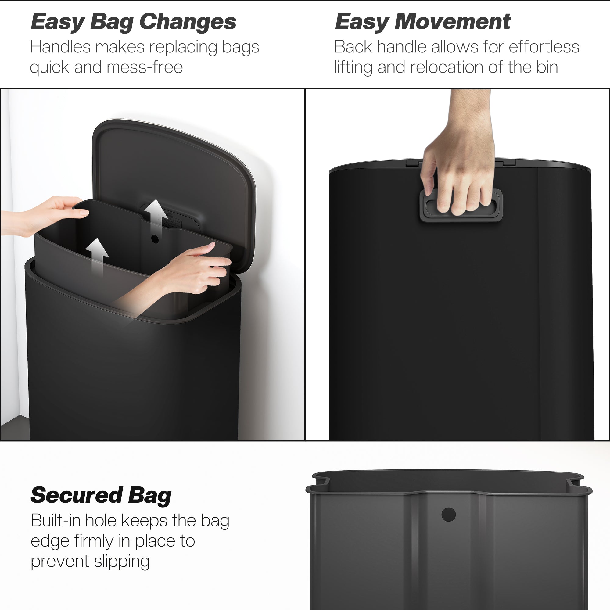 HOMCOM 50L Kitchen Bin with Soft-Close Lid and Stay-Open Function, Stainless Steel Pedal Bin with Removable Inner Bucket, Carry Handle for Kitchen, Office, Home, Black 