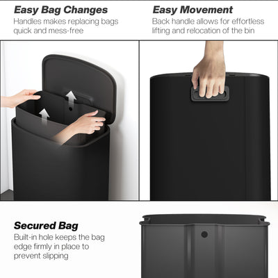 HOMCOM 50L Kitchen Bin with Soft-Close Lid and Stay-Open Function, Stainless Steel Pedal Bin with Removable Inner Bucket, Carry Handle for Kitchen, Office, Home, Black 