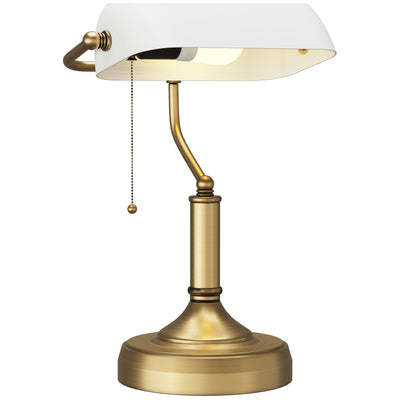 HOMCOM Banker's Desk Lamp with Antique Bronze Tone Base, Table Lamp with White Glass Shade for Home Office, White 