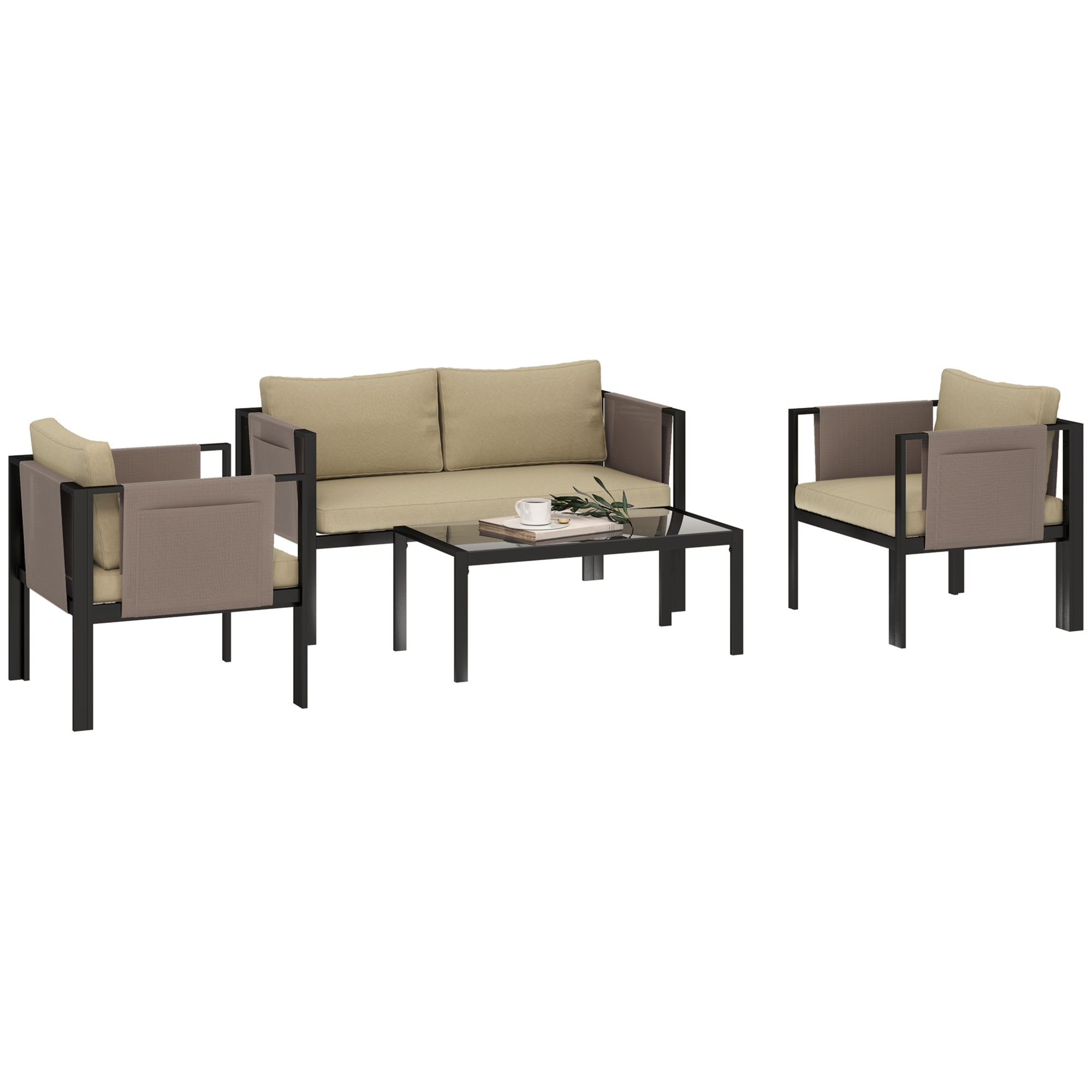 Outsunny 4 Piece Metal Garden Furniture Set with Tempered Glass Coffee Table, Texteline Pocket, Outdoor Set Loveseat Single Armchairs with Padded Cushions, Khaki 