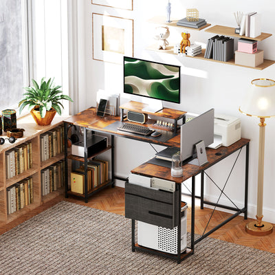 HOMCOM 168cm Reversible L Shaped Desk, Industrial Corner Computer Desk with Adjustable Shelf and Storage Bag, 240cm 2 Person Desk with Monitor Stand, Rustic Brown 