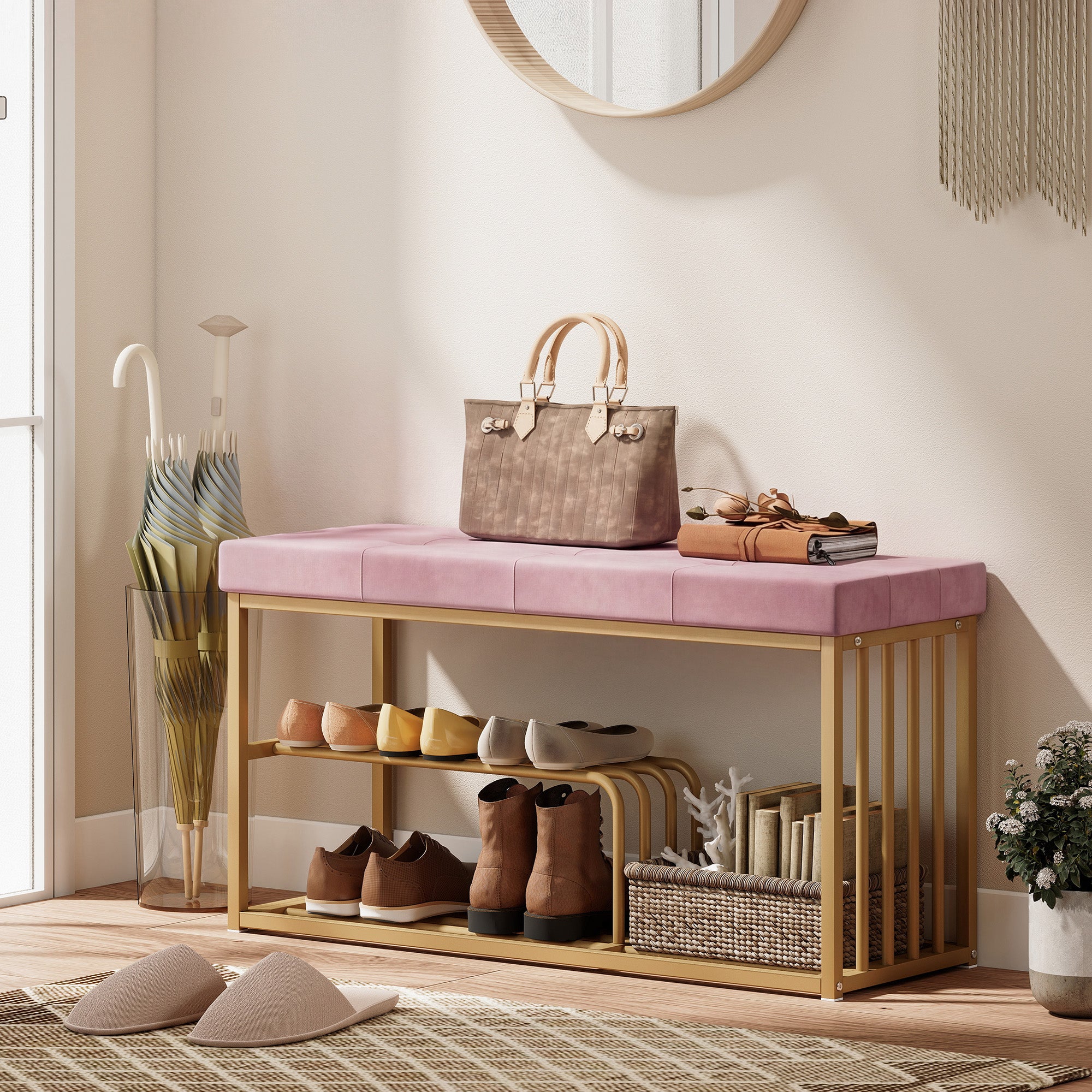 HOMCOM Bench and Shoe Storage, Tufted Shoe Storage Bench with Velvet Seat Cushion Gold Steel Frame for Entryway, Pink 