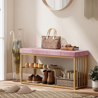 HOMCOM Bench and Shoe Storage, Tufted Shoe Storage Bench with Velvet Seat Cushion Gold Steel Frame for Entryway, Pink 