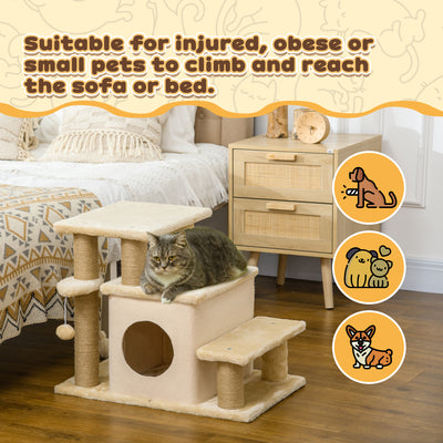 PawHut Adjustable Cat Steps, with House & Hanging Toy Ball - Beige 