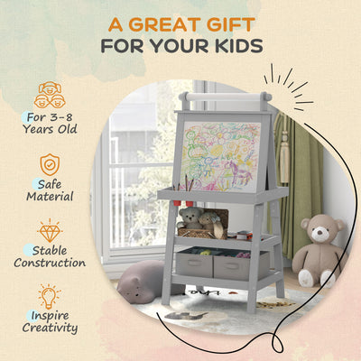 AIYAPLAY 3 in 1 Kids Easel Double-Sided Magnetic Whiteboard and Chalkboard with Paper Roll, Storage Baskets - Grey 
