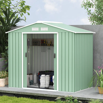 Outsunny 7 x 4ft Metal Garden Shed, Outdoor Storage Tool House with Ventilation Slots, Foundation Kit and Lockable Double Doors, Light Green 