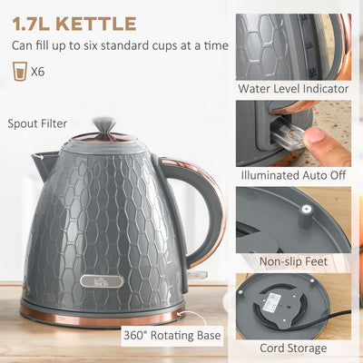 HOMCOM 1.7L 3000W Fast Boil Kettle & 2 Slice Toaster Set, Kettle and Toaster Set with Auto Shut Off, Browning Controls, Grey 