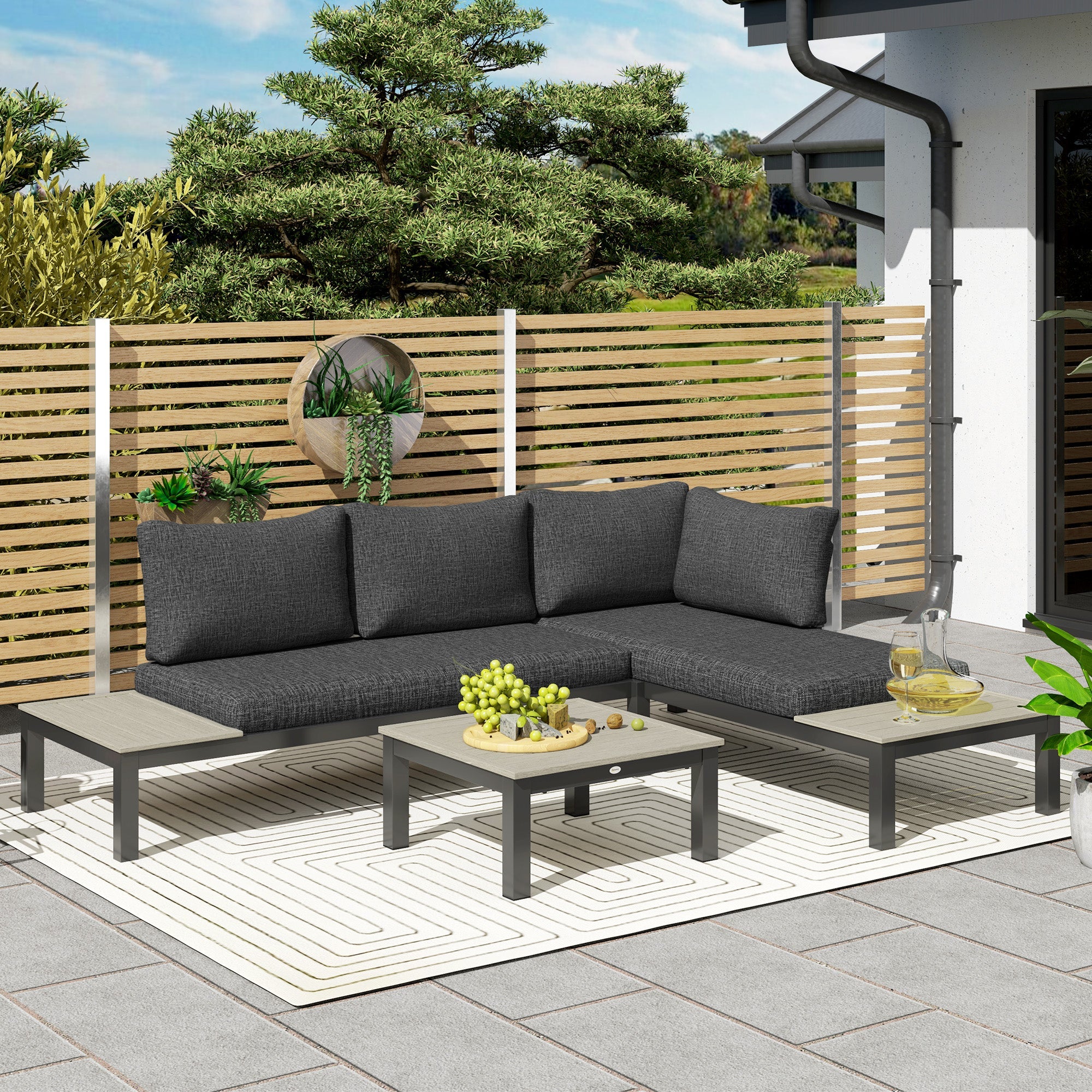 Outsunny 3 Pieces Garden Furniture Set, Aluminium 4 Seater Corner Sofa Set with 2 Loveseats, Coffee Table and Side Trays, Outdoor Conversation Furniture with Cushions for Garden, Dark Grey 