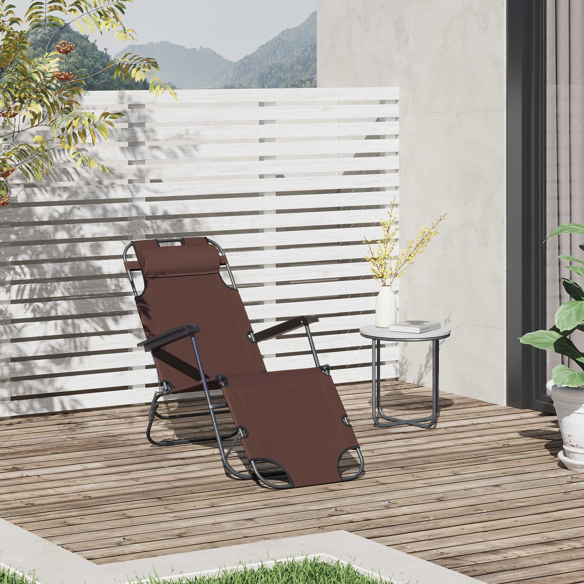 Outsunny 2 in 1 Sun Lounger Folding Reclining Chair Garden Outdoor Camping Adjustable Back with Pillow, Brown 