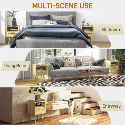 HOMCOM Set of Two Rattan Weave Bedside Tables - Wood Effect 