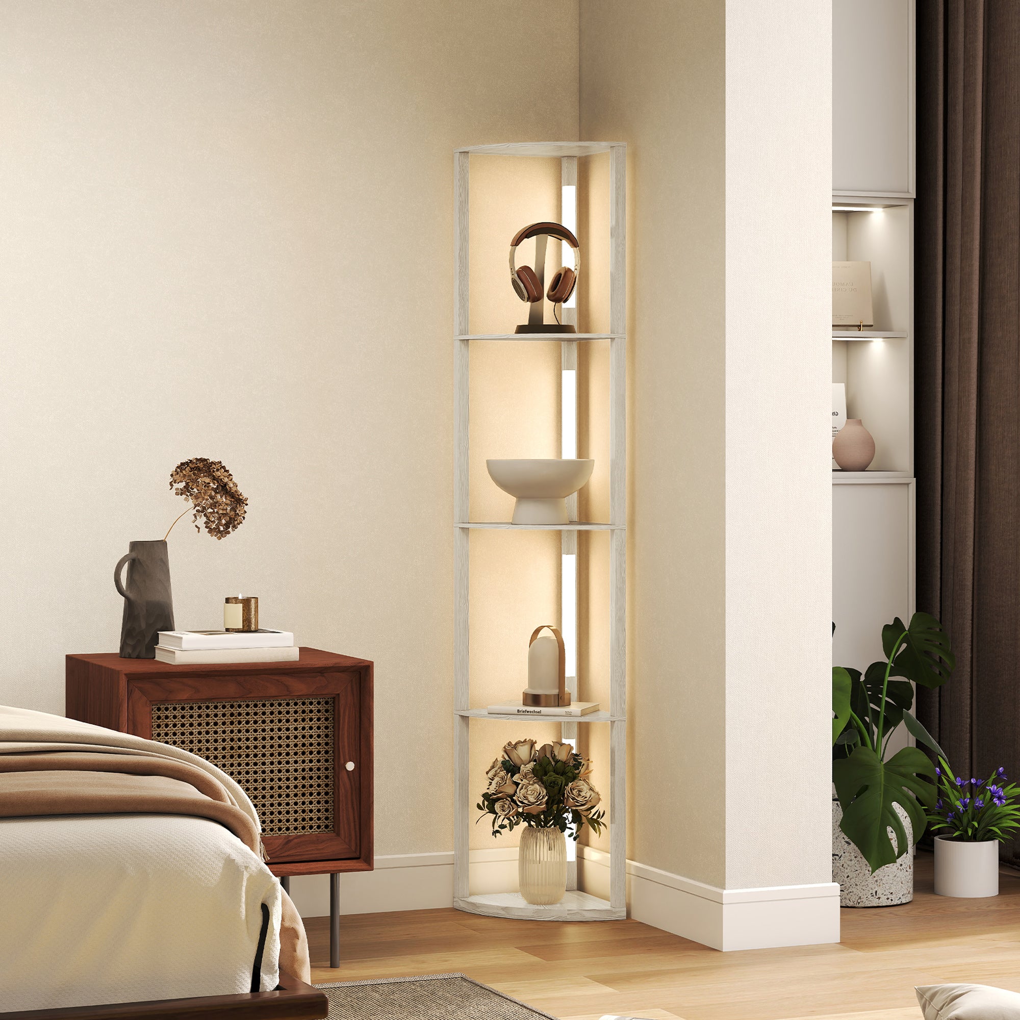 HOMCOM Corner Floor Lamp for Living Room Bedroom with Dimmable Warm White LED Light, Modern Tall Standing Lamp, Oak