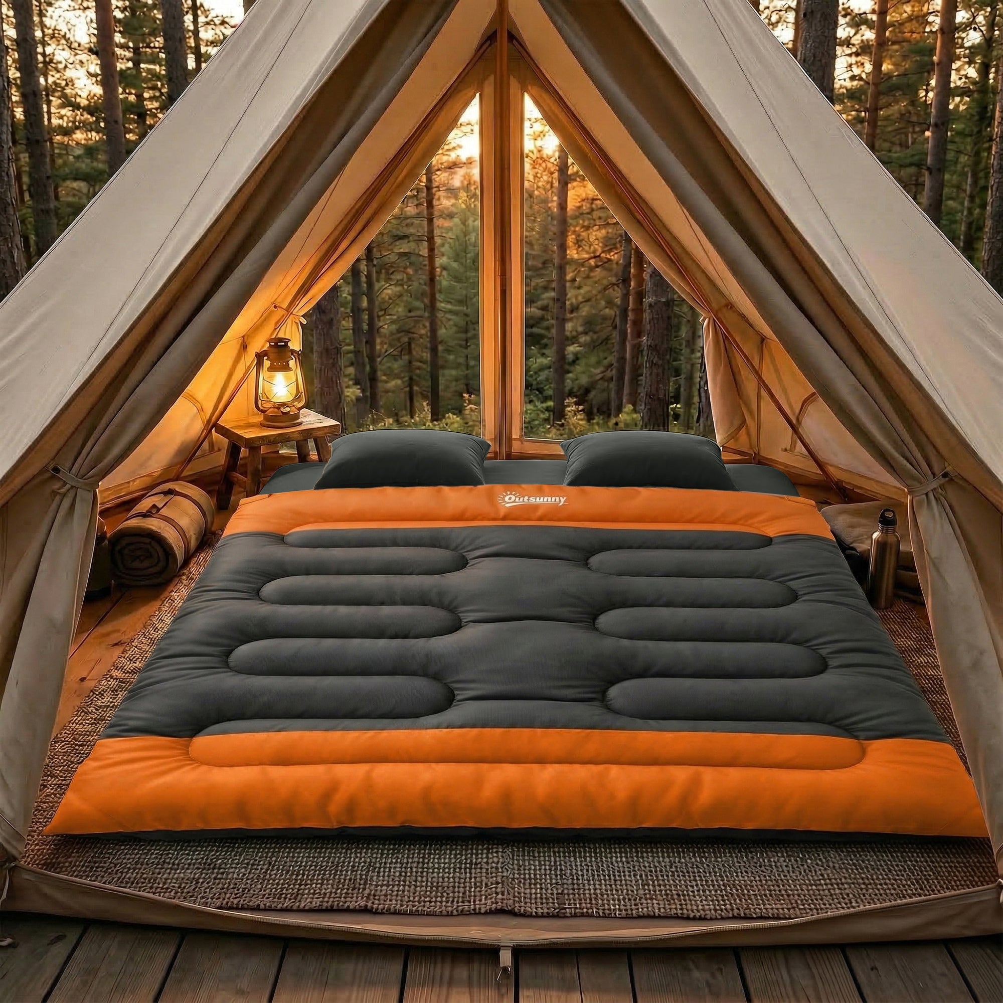 Outsunny Double Sleeping Bag with 2 Pillows, 220 x 160 cm Extra-Large Sleeping Bag for Adults, Grey and Orange 