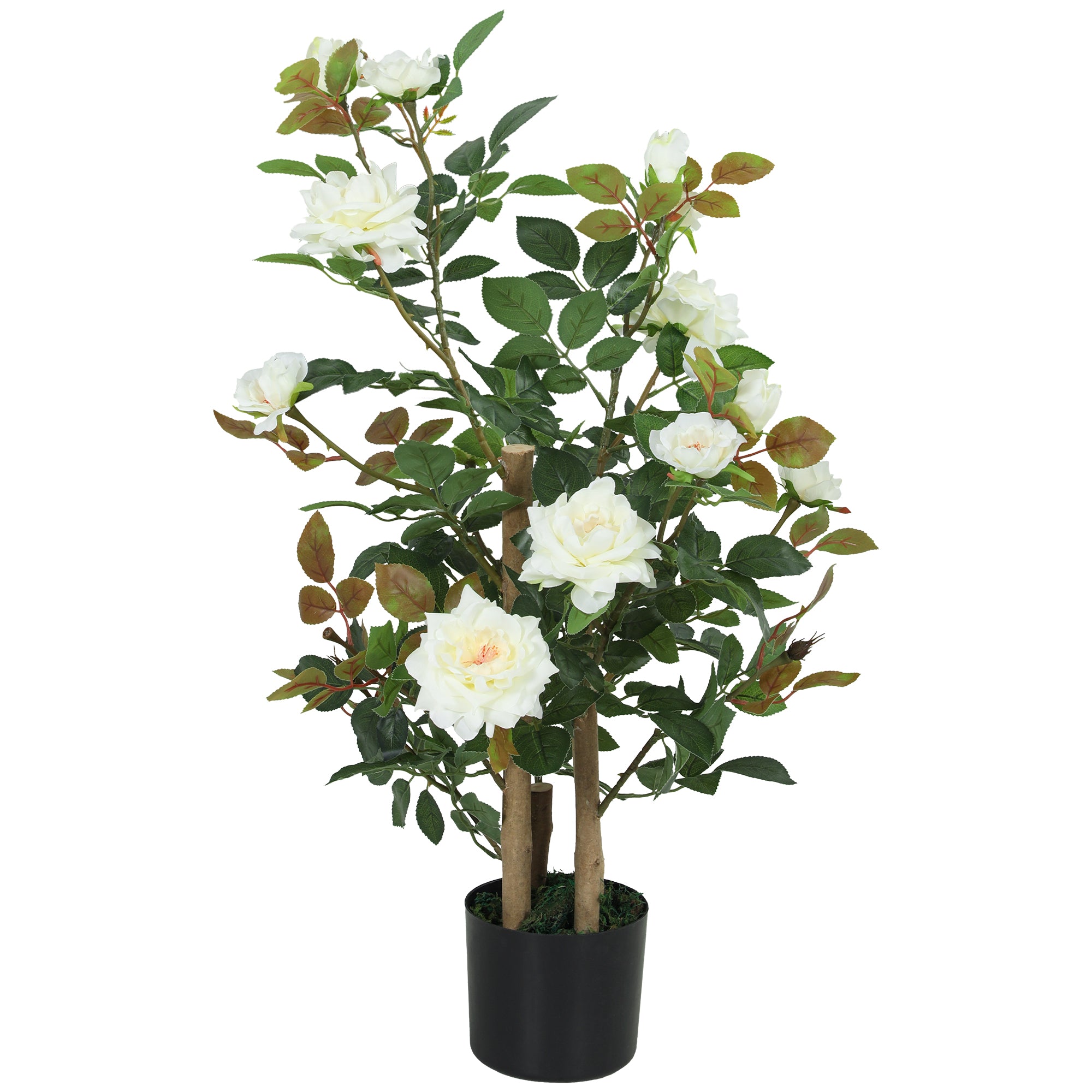 HOMCOM 90cm Artificial Rose Tree, Decorative Fake Plant with 344 Silk Leaves 17 Flowers for Outdoor Indoor Decor, White 