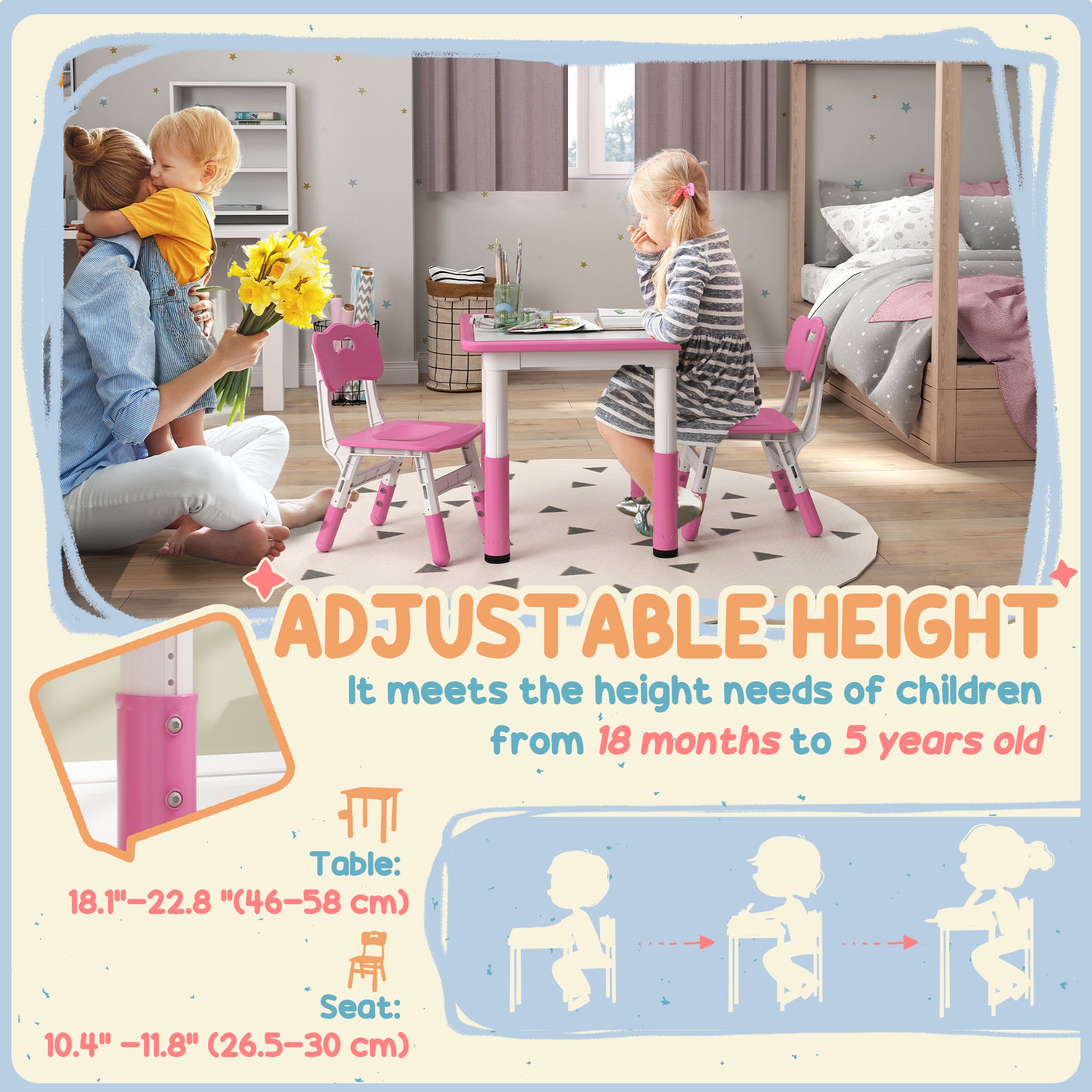 AIYAPLAY Height Adjustable Toddler Table and Chair Set, 3 Pcs Children Activity Table w/ 2 Chairs, for Playroom, Bedroom - Pink 