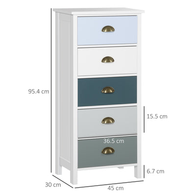 HOMCOM Slim Storage Cabinet Organiser, Chest of Drawers, 5-Drawer Dresser with Metal Handle for Living Room, Bedroom, Blue 