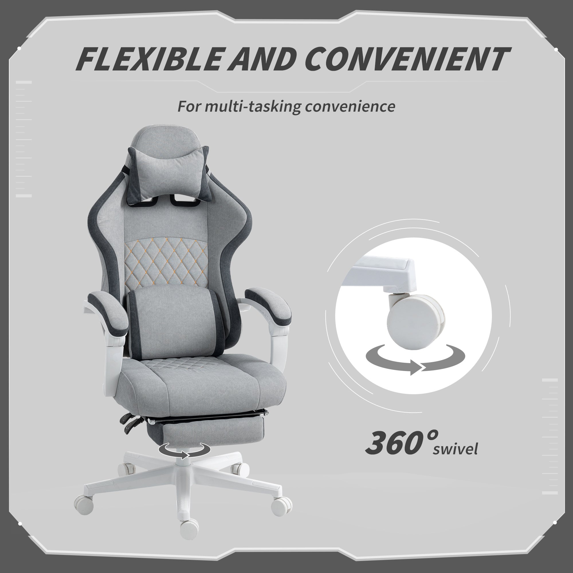 HOMCOM Ergonomic High Back Gaming Chair for Adults, Printed Velvet Computer Recliner Chair with Footrest, Lumbar Support, Adjustable Height and 360° Swivel Seat for Office or Gaming, Grey