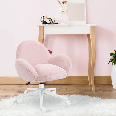 HOMCOM Makeup Vanity Chair, Cute Fluffy Desk Chair with Rolling Wheels for Bedroom Living Room, Pink 