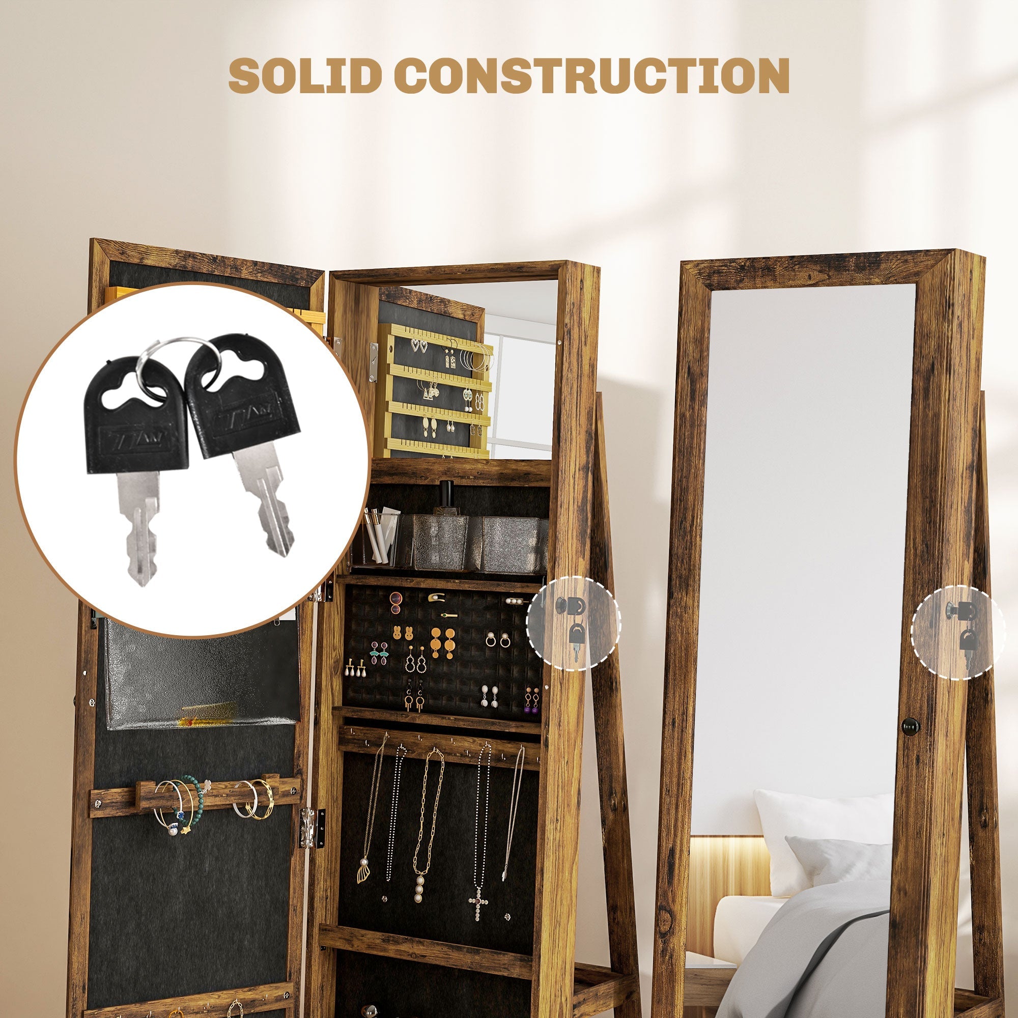 HOMCOM 360° Swivel Jewellery Cabinet, Mirror Armoire, Full Length Mirror, Lockable Jewellery Organiser with Built-In Small Mirror, Rustic Brown 