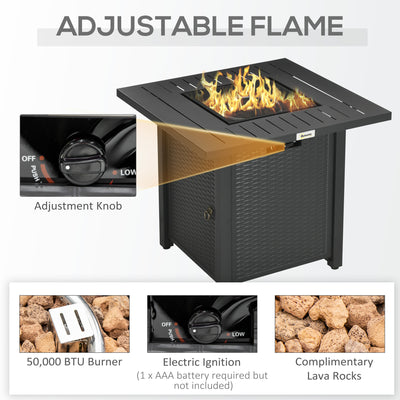 Outsunny Rattan-style Propane Gas Fire Pit Table with 40,000 BTU Burner, Square Smokeless Firepit Patio Heater with Thermocouple, Lava Rocks, Waterproof Cover, Spark Guard and Lid, Black 