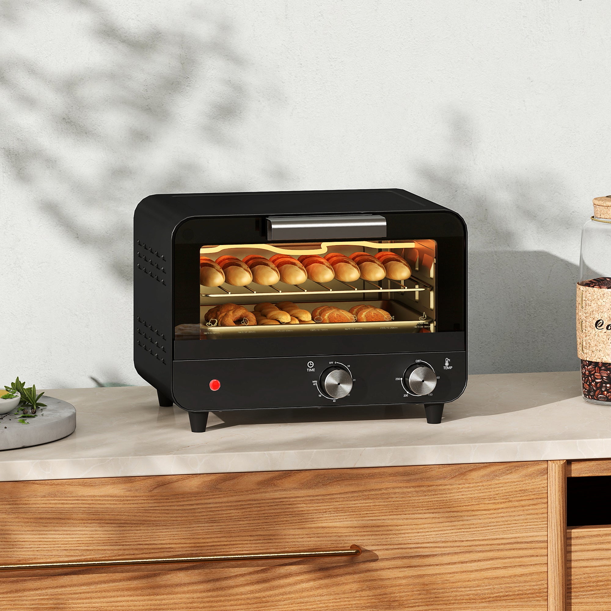 HOMCOM Small Toaster Oven, 12L Multifunction Mini Countertop Oven with Glass Door, Adjustable Temperature and Timer, Black 