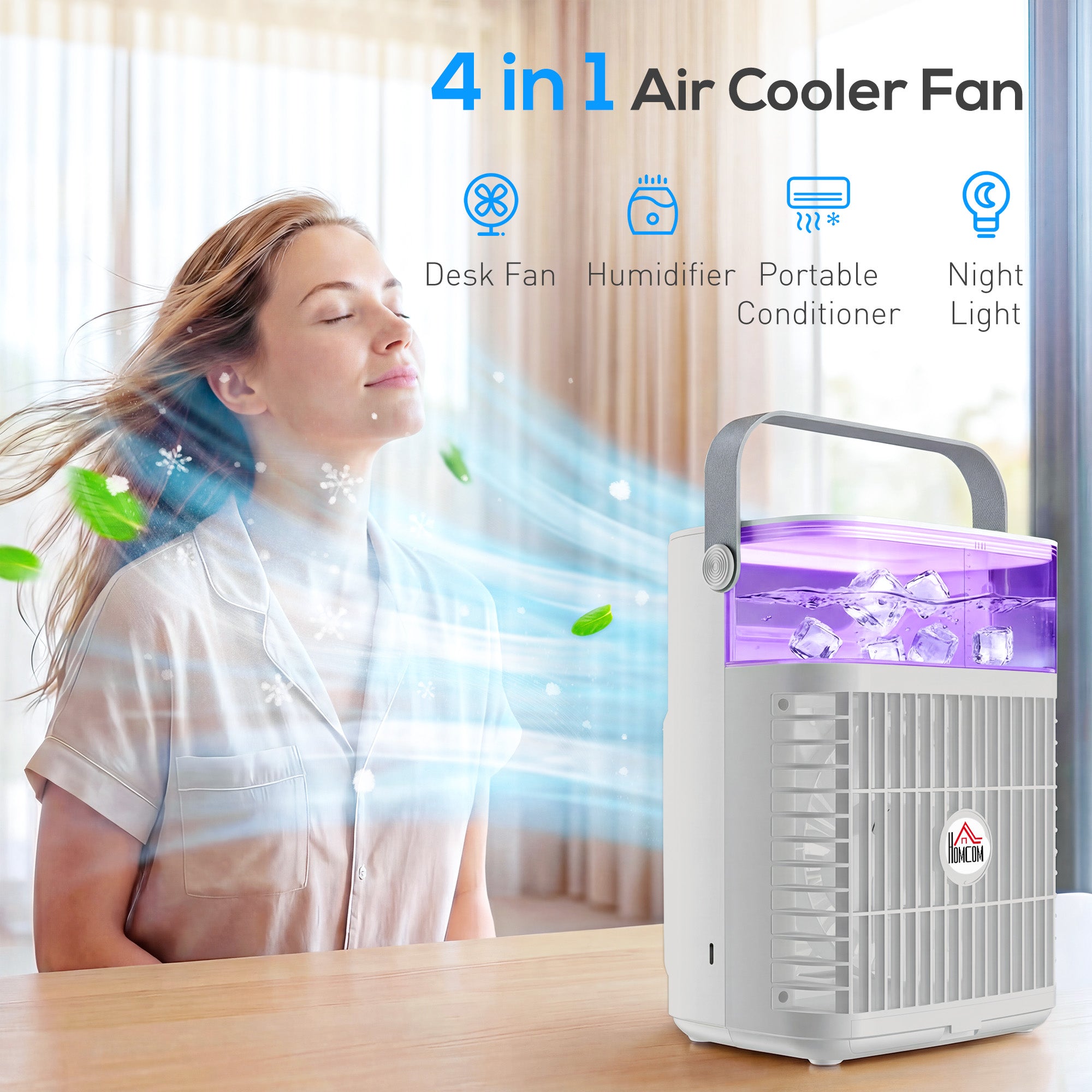 HOMCOM Air Cooler with Adjustable Head, Portable Air Conditioner with 3 Wind Speed, 2 Cool Mist, RGB Light, Grey 