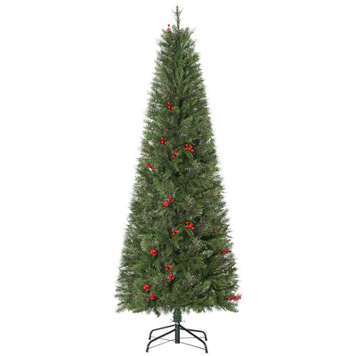 HOMCOM 6ft Pencil Artificial Christmas Tree with Realistic Branches, Red Berries, Auto Open, Green 