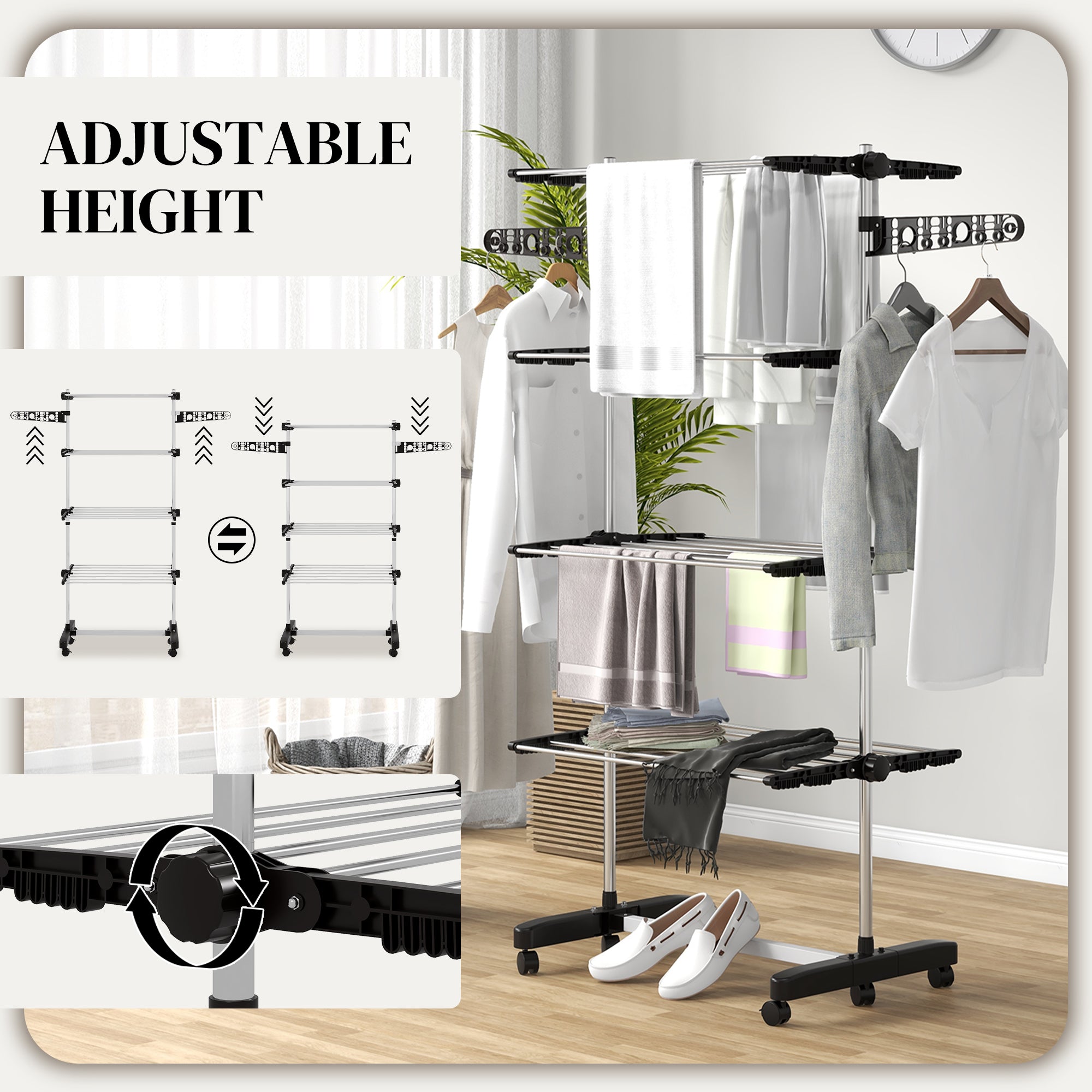 HOMCOM Four-Shelf Collapsing Clothes Horse, With Side Arms and Wheels - Black 