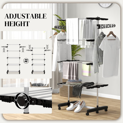 HOMCOM Four-Shelf Collapsing Clothes Horse, With Side Arms and Wheels - Black 