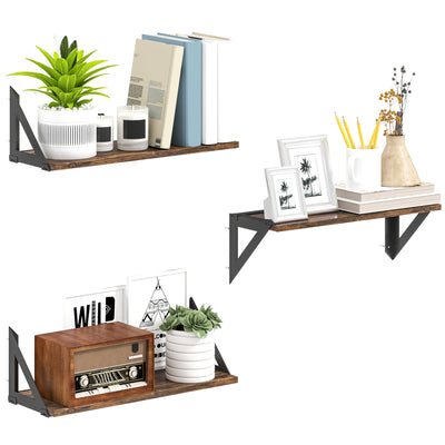 HOMCOM Set of 3 Wall Shelves, Vintage Wall Mounted Floating Shelves for Living Room, Entryway, Bedroom, Rustic Brown 