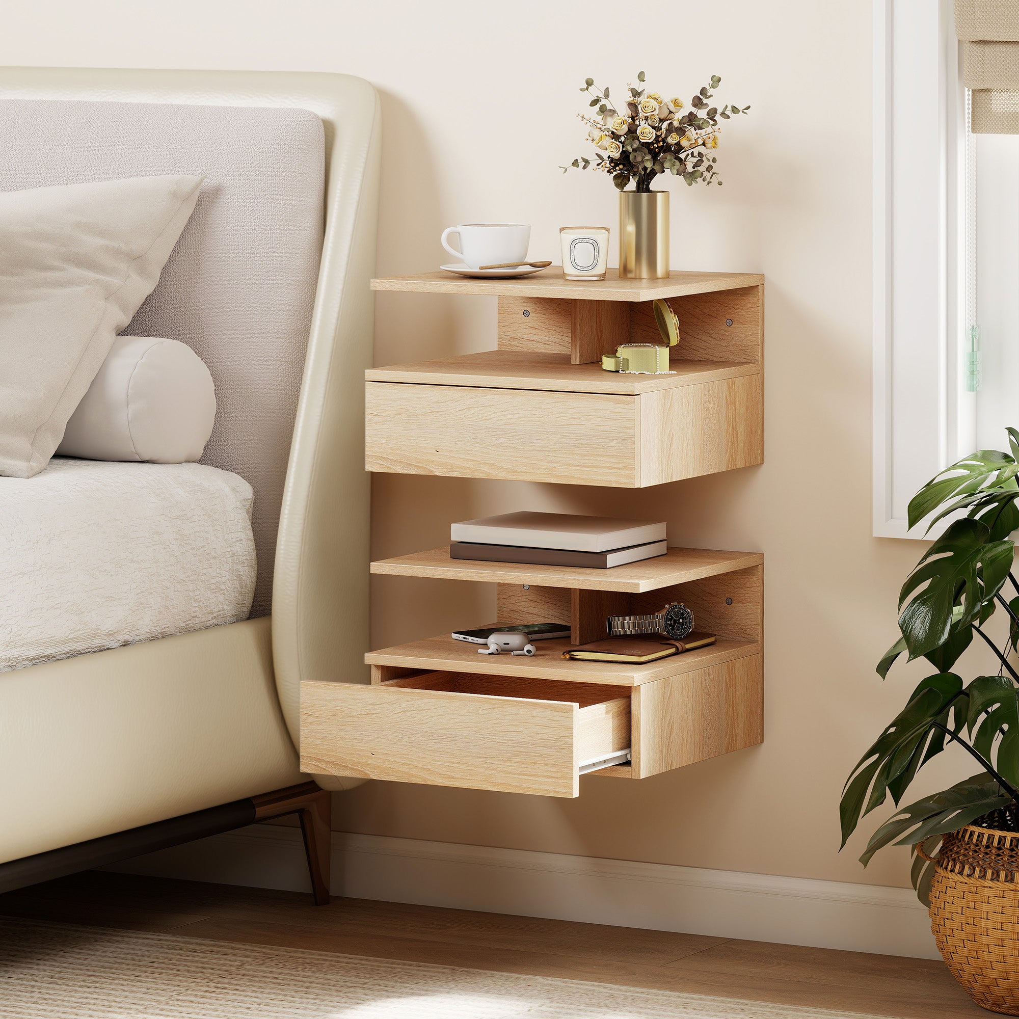 HOMCOM Set of Two Floating Bedside Tables - Oak 