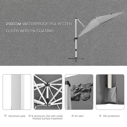 Outsunny 3 x 3(m) Cantilever Roma Parasol, Square Garden Umbrella with Cross Base, Crank Handle, Tilt, 360\'c2\'b0 Rotation and Aluminium Frame, Grey