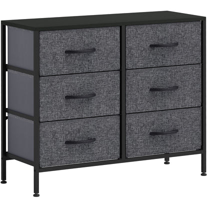 HOMCOM Fabric Chest of Drawers, Storage Drawers, Industrial Bedroom Dresser with 6 Fabric Drawers, Steel Frame and Wooden Top for Nursery, Living Room, Hallway, Black 