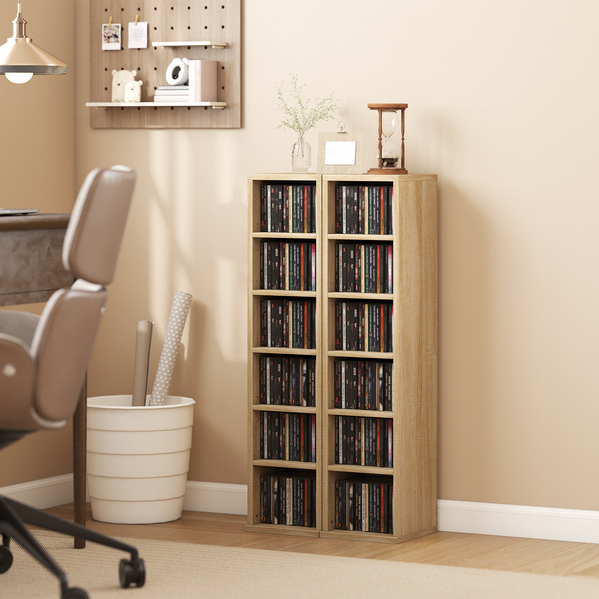 HOMCOM Set of 2 CD Media Display Shelf Unit Tower Rack with Adjustable Shelves, Oak 