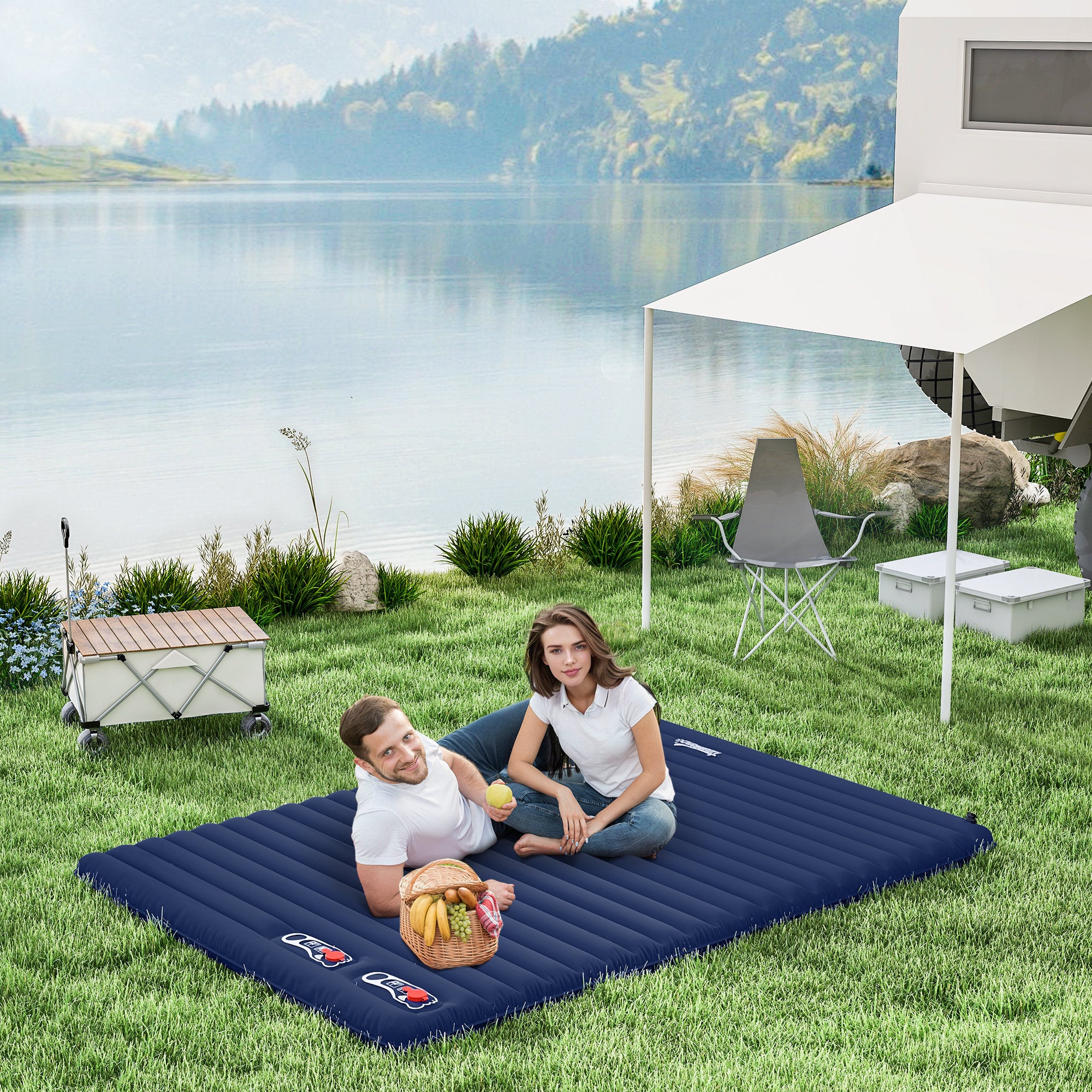 Outsunny 2 Person Camping Inflatable Mattress - Navy Blue 