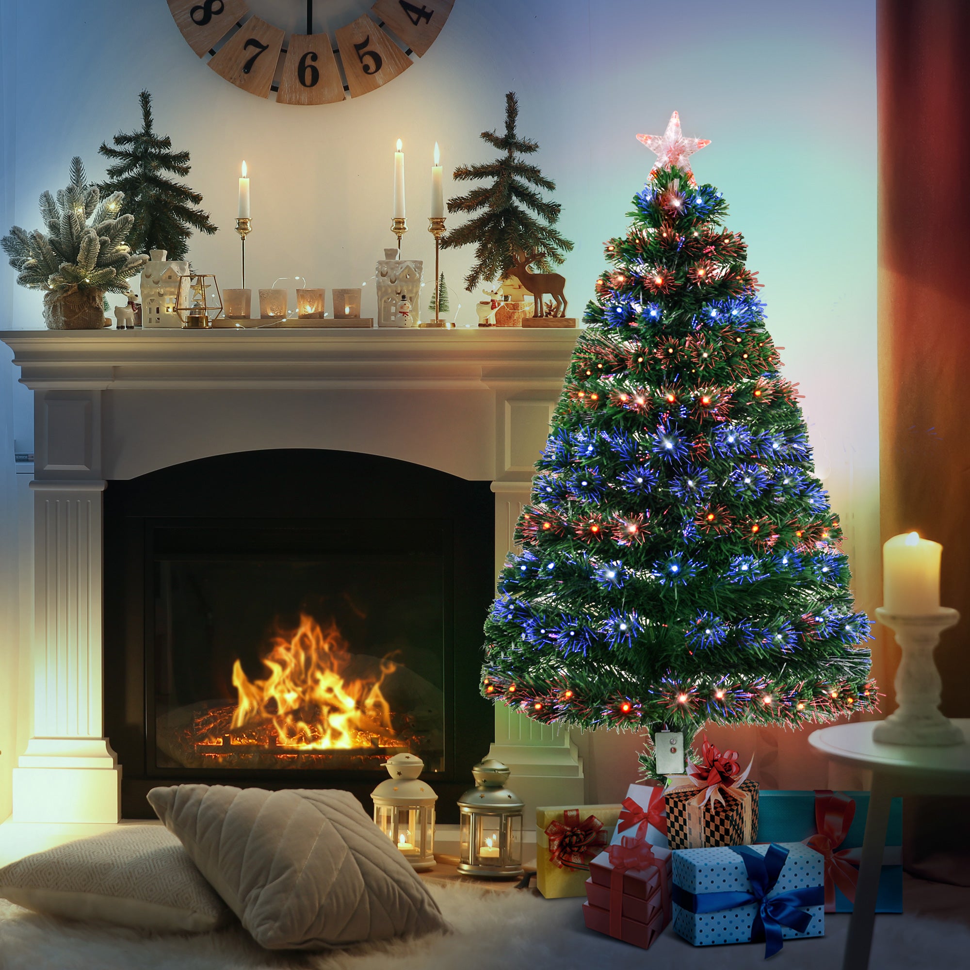 HOMCOM 4 Feet Prelit Artificial Christmas Tree with Multi-Coloured Fiber Optic LED Light, Holiday Home Xmas Decoration, Green 
