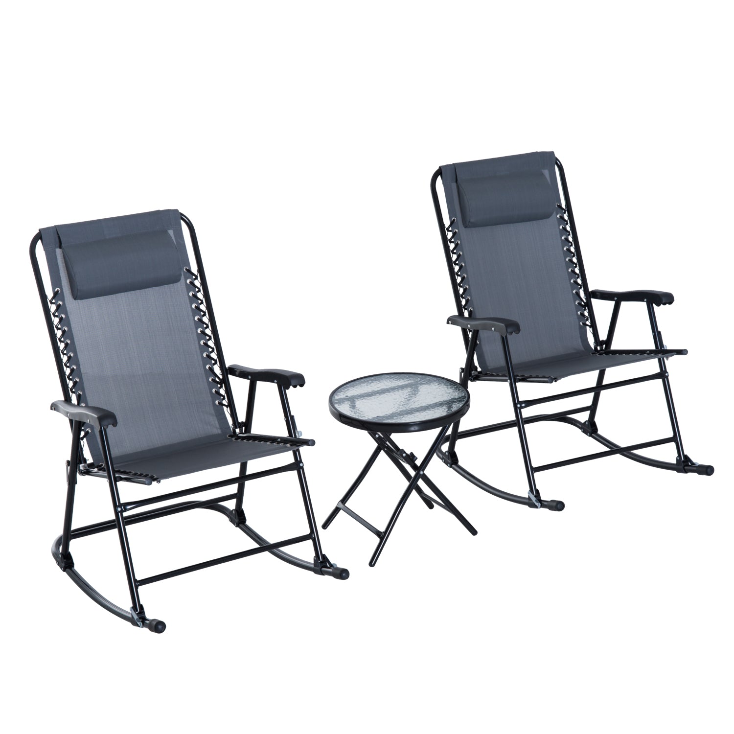 Outsunny 3 Piece Outdoor Rocking Set with 2 Folding Chairs and 1 Tempered Glass Table, Patio Bistro Set for Garden, Deck, Grey 