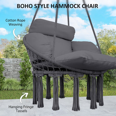 Outsunny Hanging Chair Outdoor Hammock Chair with Soft Cushion, Cotton Rope Boho Style Swing Chair, Hanging Garden Swing Seat for Indoor Outdoor, Dark Grey 