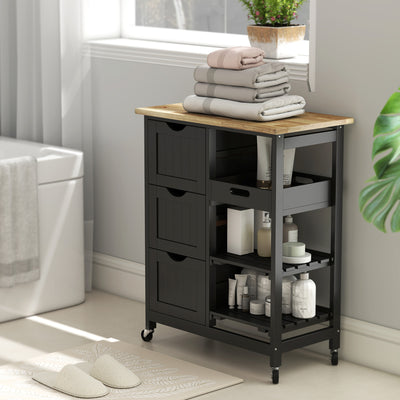 HOMCOM Rolling Kitchen Island Cart, Bar Serving Cart, Compact Trolley on Wheels with Wood Top, Shelves & Drawers for Home Dining Area, Black 