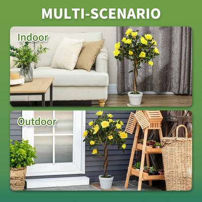 Outsunny Set of 2 Artificial Plants White Rose Floral in Pot, Fake Plants for Home Indoor Outdoor Decor, 90cm, Yellow 
