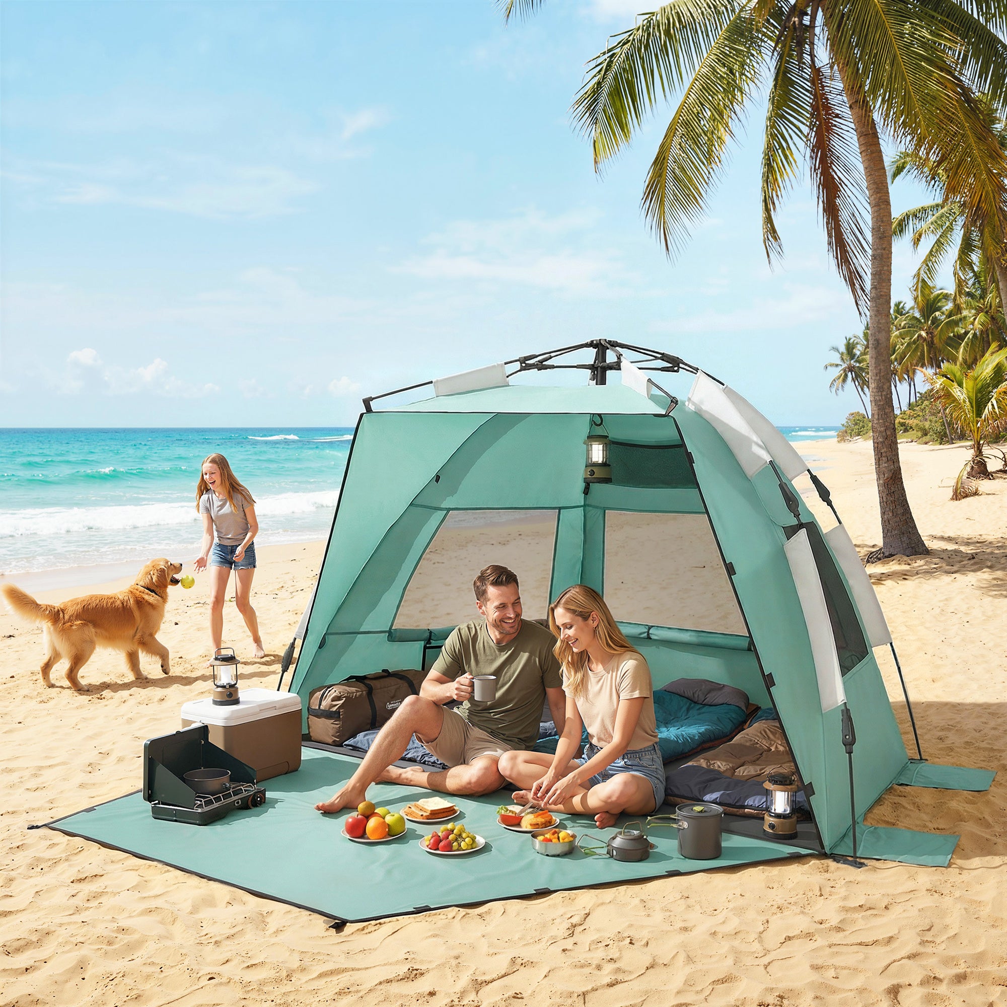 Outsunny 2-3 Person Pop Up Beach Tent, UPF15+ Sun Shelter with Extended Floor, Sandbags, Mesh Windows and Carry Bag, Green 