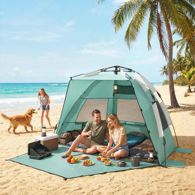 Outsunny 2-3 Person Pop Up Beach Tent, UPF15+ Sun Shelter with Extended Floor, Sandbags, Mesh Windows and Carry Bag, Green 
