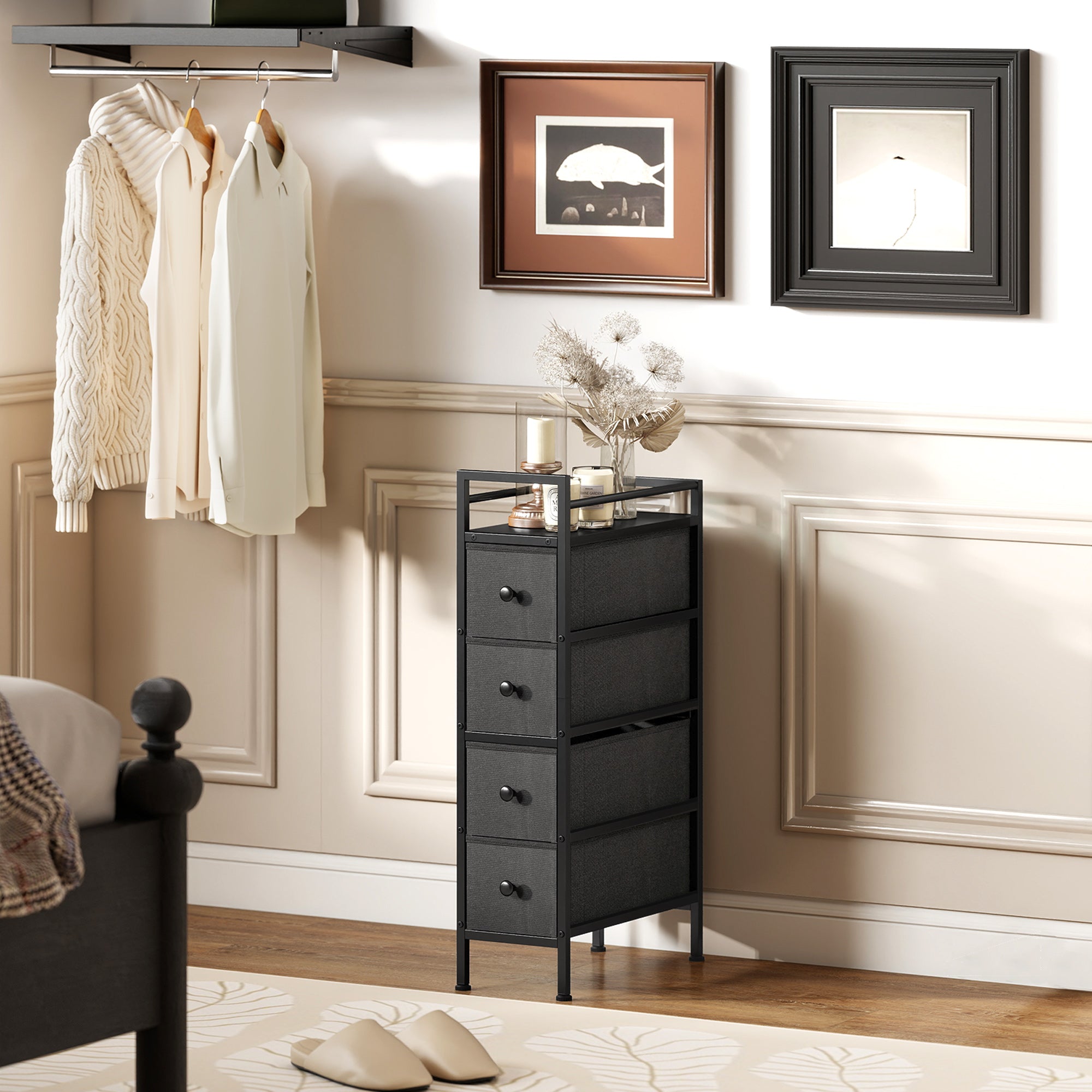 HOMCOM 4 Drawer Fabric Dresser Chest of Drawers, Slim Storage Cabinet with Steel Frame for Small Spaces, Bedroom, Black 