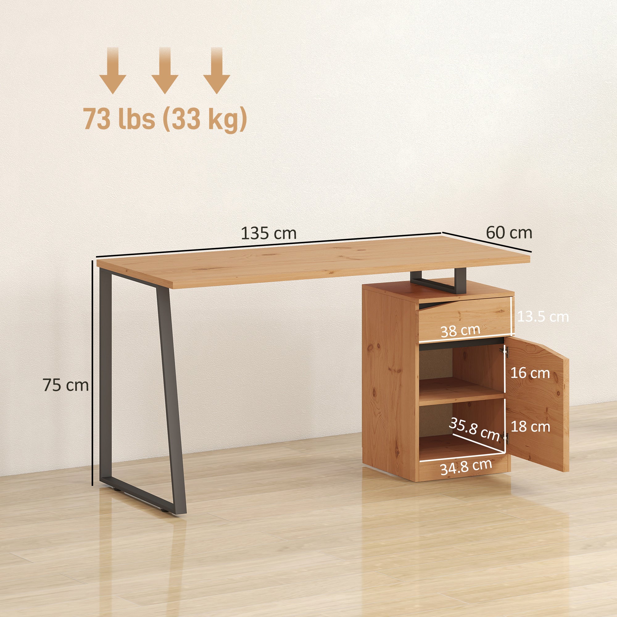 HOMCOM Computer Desk, Writing Desk with Cabinet, Drawer, Metal Legs, Work Table for Home Office Study, Natural Wood Finish 