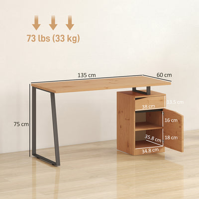 HOMCOM Computer Desk, Writing Desk with Cabinet, Drawer, Metal Legs, Work Table for Home Office Study, Natural Wood Finish 